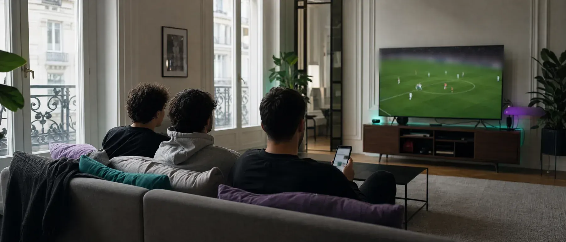 Amis devant un match à la télévision, en choisissant le meilleur site de paris sportifs